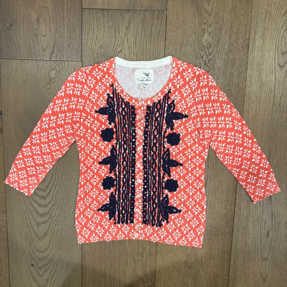 Anthropologie Tabitha Cardigan Coral/White Navy blue embroidered Details